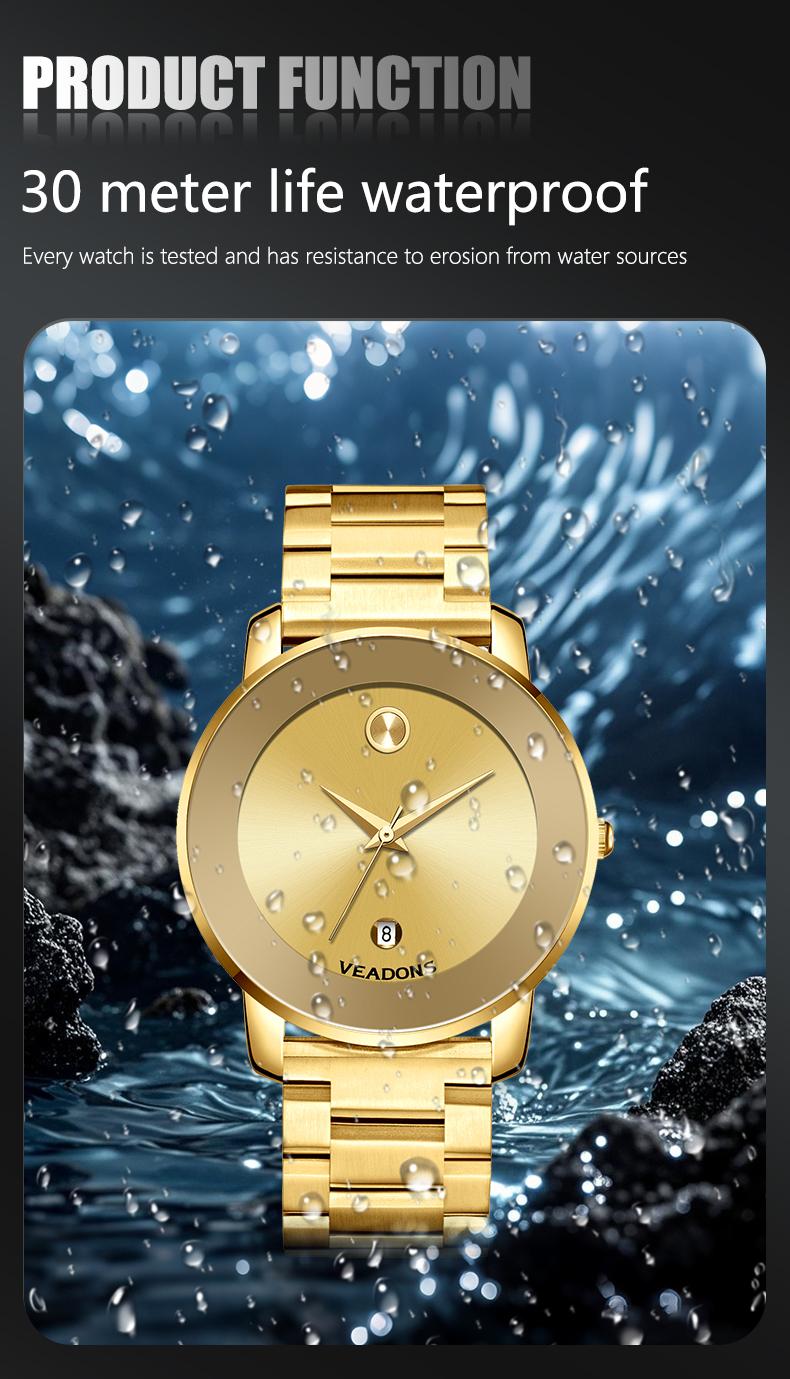 Luxury business quartz watches for ladies and gentlemen, featuring solid stainless steel straps, calendar function, and water resistance. With a minimalist design, they are elegant and durable, suitable for daily wear.