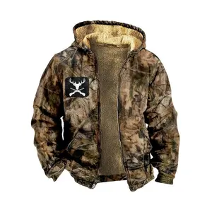Men's Camouflage Hooded Jacket, Lined - Autumn/Winter Warm Zipper Sweatshirt, Casual Leaf Print Design, Multiple Pockets, Adjustable Hood, Polyester Blend, Easy to Match with Casual Outfits