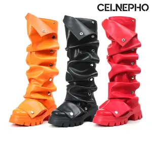CELNEPHO Fashion Boots for Women Round Toe Knee High Fold Over Slouchy Boot Chunky Platform Heel Metal Snap Off Button Booties Easy Pull on Casual Wear Valentine Gift Party Dress Shoes