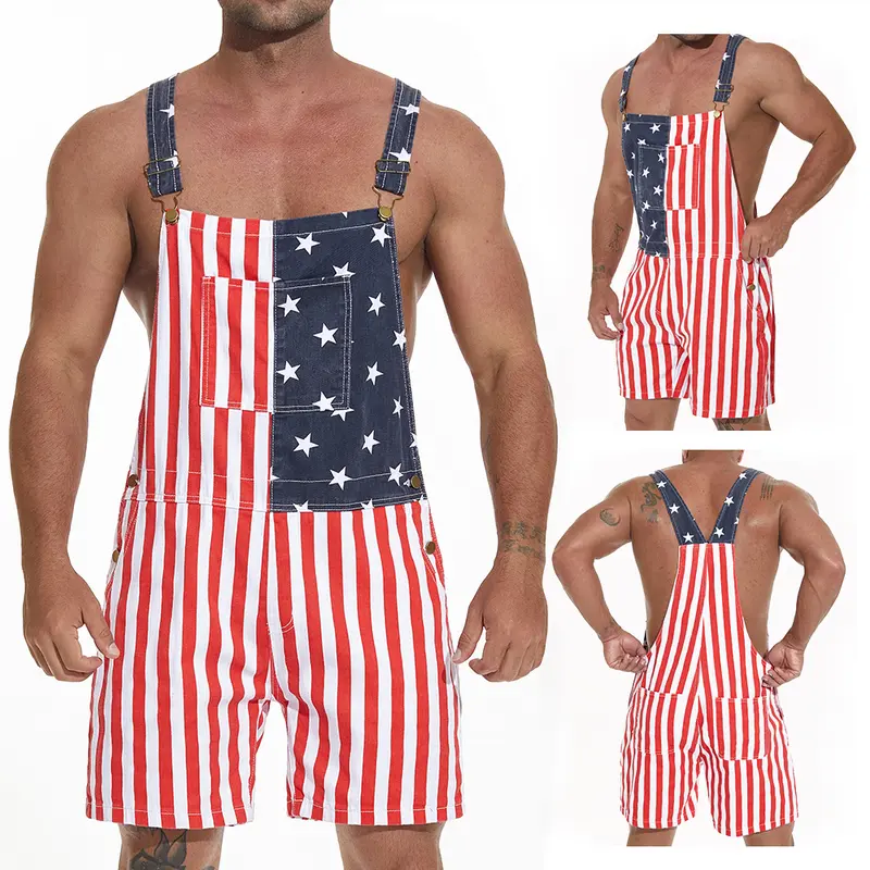 American Flag Overalls for Men and Women, Unisex Bib Pants with Soft Stretch Fabric, Breathable Summer Streetwear Outfit for Independence Day, Memorial Day, National Holiday Festivals, Parades, Parties and Casual Vacation Wear