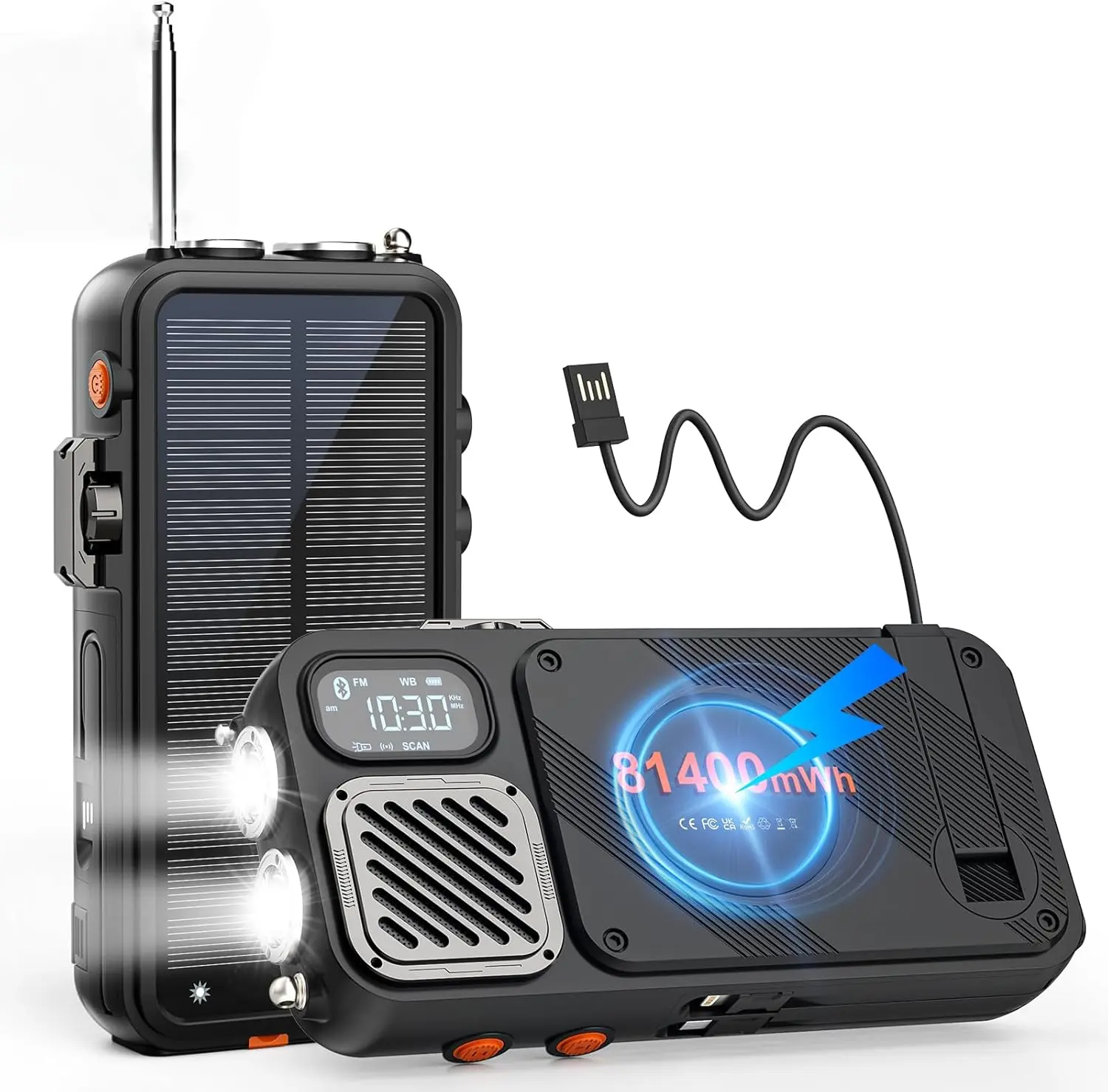 Portable Survival Rechargeable FM Bluetooth Radio with Solar Power Bank, Wireless Fast Charger - Emergency Phone Charger Power Banks for Storms, Camping, Rechargeable Fm Radio, Portable Survival Radio