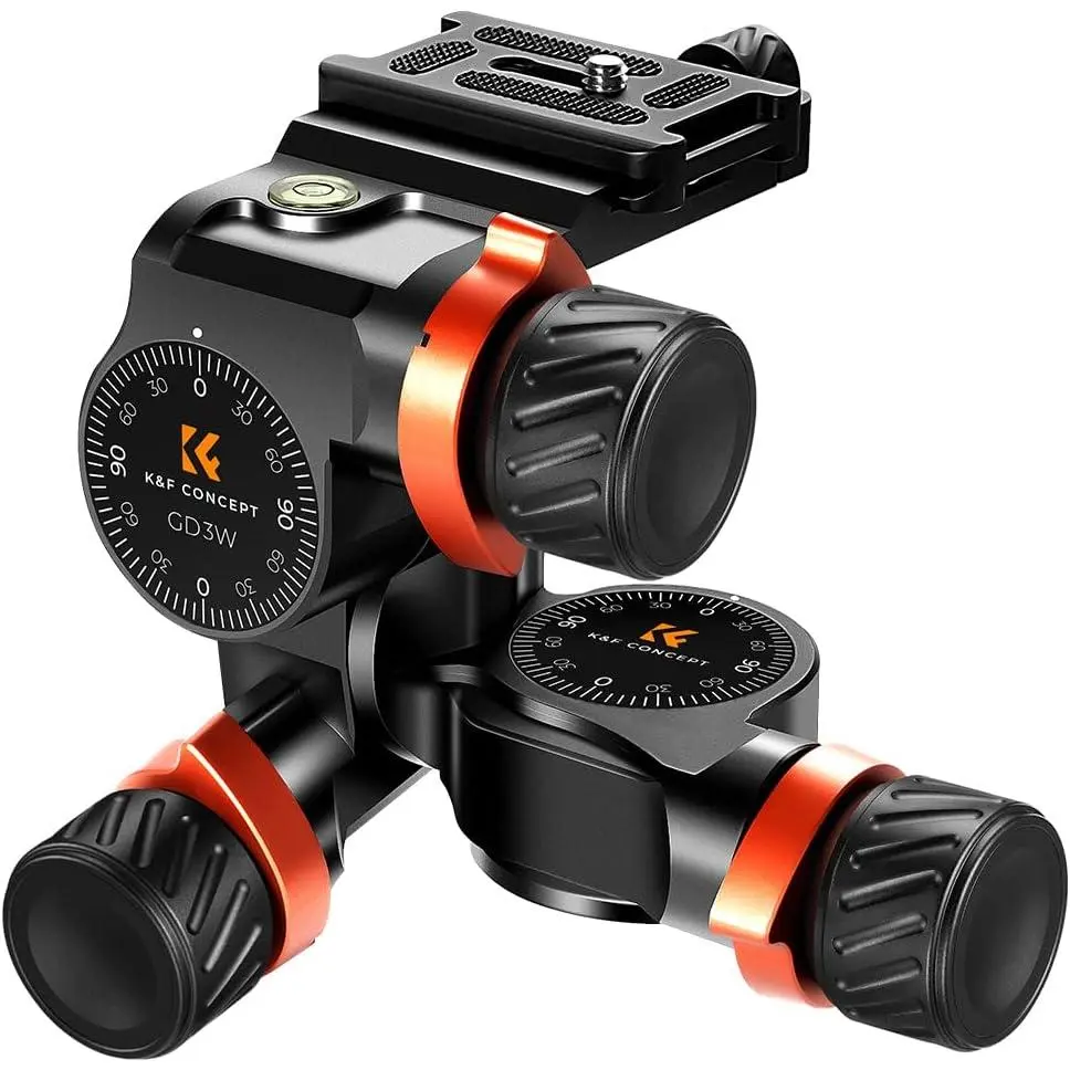 K&F CONCEPT 3-Way Geared Camera Tripod Head, Full CNC Aluminum Alloy, mm Micro-Adjustment, 13.2lbs/6kg Max Load for Star Shooting, Commercial Photography