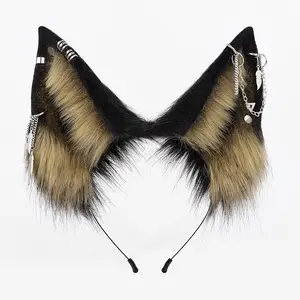 Gothic Punk Faux Fur Ear Headband with Chain Accents – Dark Aesthetic Cosplay Hair Accessory for Halloween, Festivals and Costume Parties