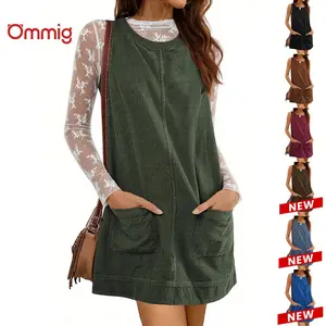 Ommig Women's Corduroy Overall Dress Round Neck A Line Skirtall Jumper Mini Dress Pinafore with Pockets ValentinesDay Outfit