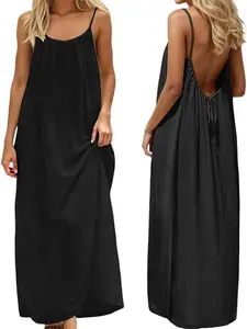 SINEMLINAH Women's Solid Color Cami Lounge Dress Elegant Sleeveless Long Dress for Summer Ladies Sleepwear Indoor Wear Loungewear -  Nightgown Gifts