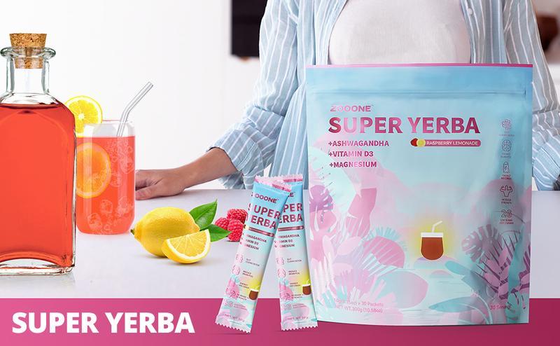 ZOOONE Super Yerba Yerba Mate Instant Tea Powder RASPBERRY LEMONADE Flavor 30 Servings with Ashwagandha Vitamin D3 & Magnesium for Refreshing Beverage-V3