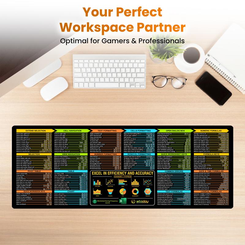 Excel Cheat Sheet Desk Mat Large 31.5"x11.8" Excel Keyboard Shortcut Mouse Pad Durable Premium Quality Non-Slip Office PC Gaming Mat for Productivity and Efficiency