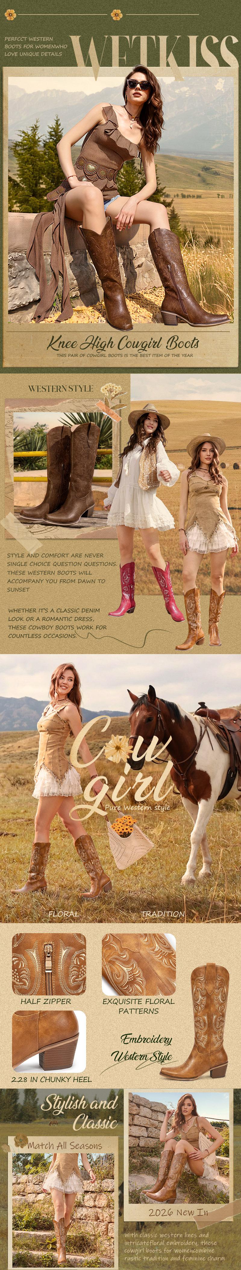 Wetkiss Spider Lily Embroidery Western Boots for Women,Elegant Floral Stitching, Comfortable Chunky Heel,5.3cm/2.09in, Perfect for Fall Outfits,Women's Shoes,Women's Boots  #TikTokShopStockUp