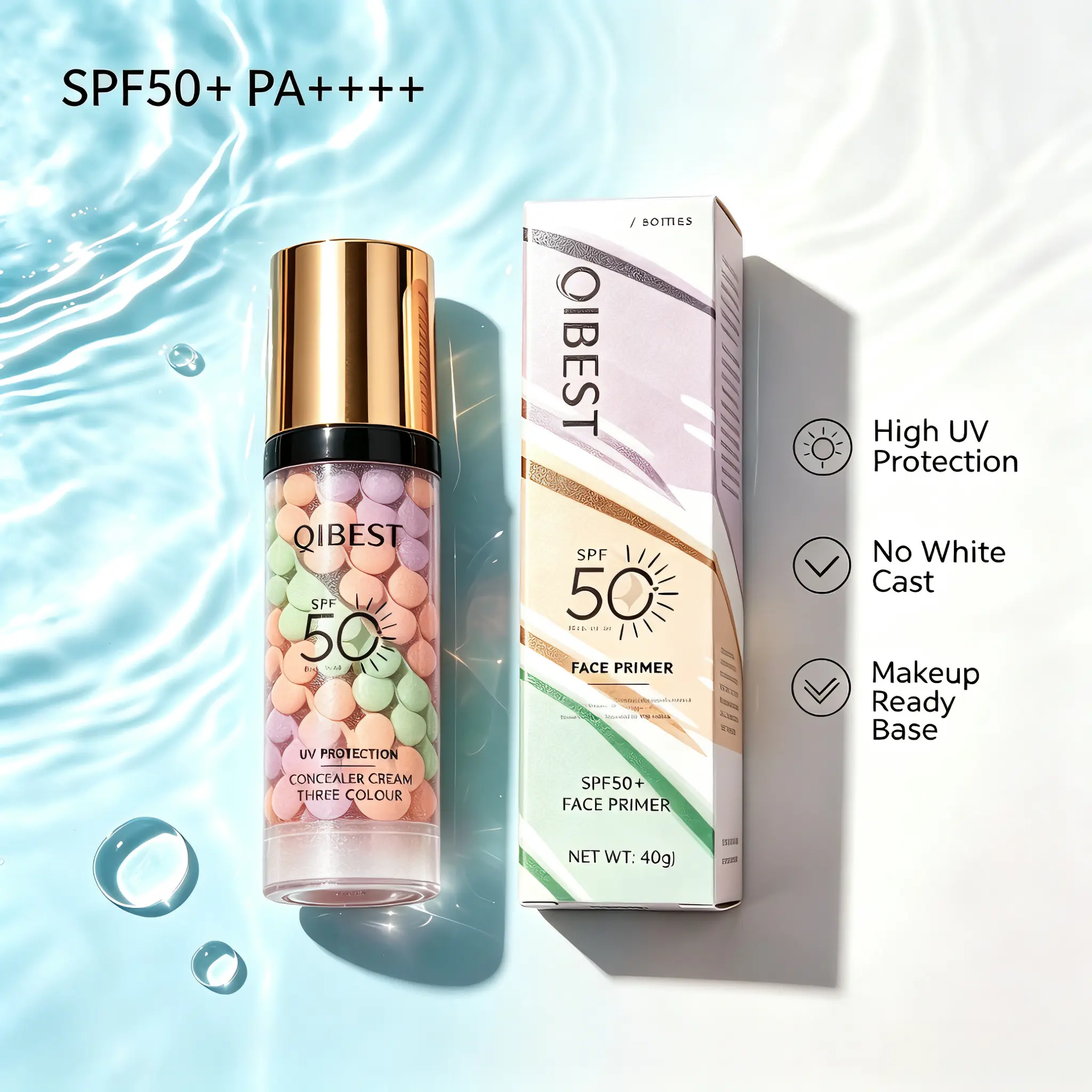3-in-1 Facial Color Correcting Sunscreen Primer SPF50+ PA++++ (40g) - High UV Protection Redness Corrector Makeup Base and Primers, Lightweight Non-Greasy, No White Cast, Suitable for All Skin Types