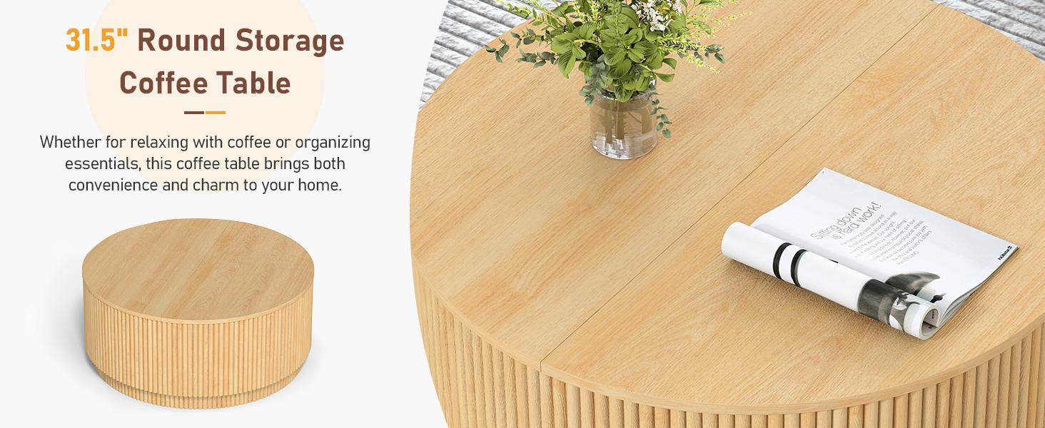 Giratree 31.5" Round Coffee Table with Storage, Mid Century Modern Coffee Tables with Fluted Base, Wooden Circle Accent Center Table for Living Room Small Space Apartment Office