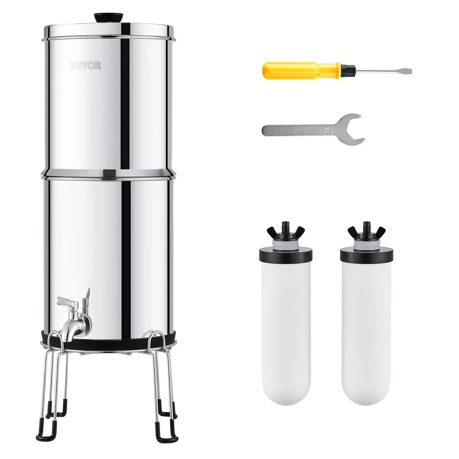 【Summerfinds】VEVOR Gravity-Fed Water Purifier System, 2.25G 304 Stainless-Steel Countertop Water Filter, Chlorine Removal (Up to 99%), Lead Reduction, Activated Carbon Ceramic Filters (2 Replaceable), Spigot, Stand, Ideal for 1-4 People