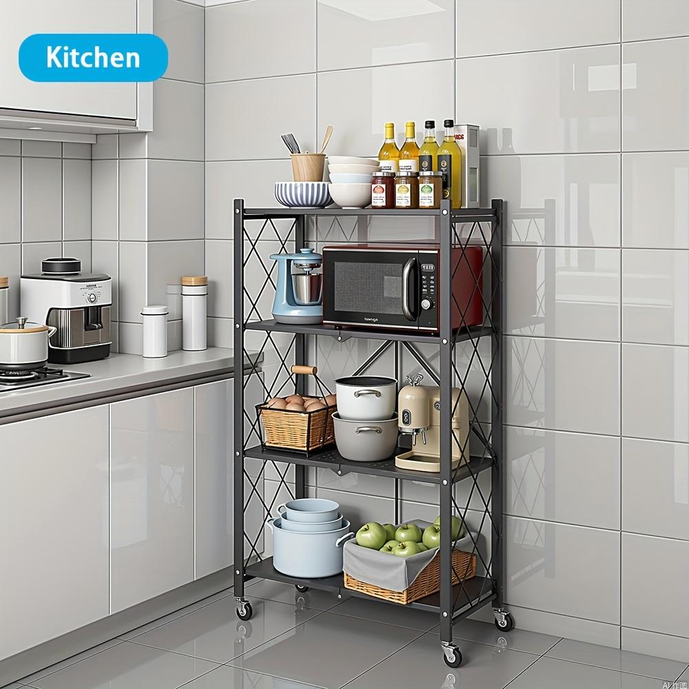 3/4/5-Tier Portable Multifunctional Storage Rack, Floor-Standing Storage Rack with Lockable Wheels, Space-Saving, No Assembly, Foldable Storage Shelf with Durable Carbon Steel Frame for Bedroom, Balcony, Garden, Standing Shelf