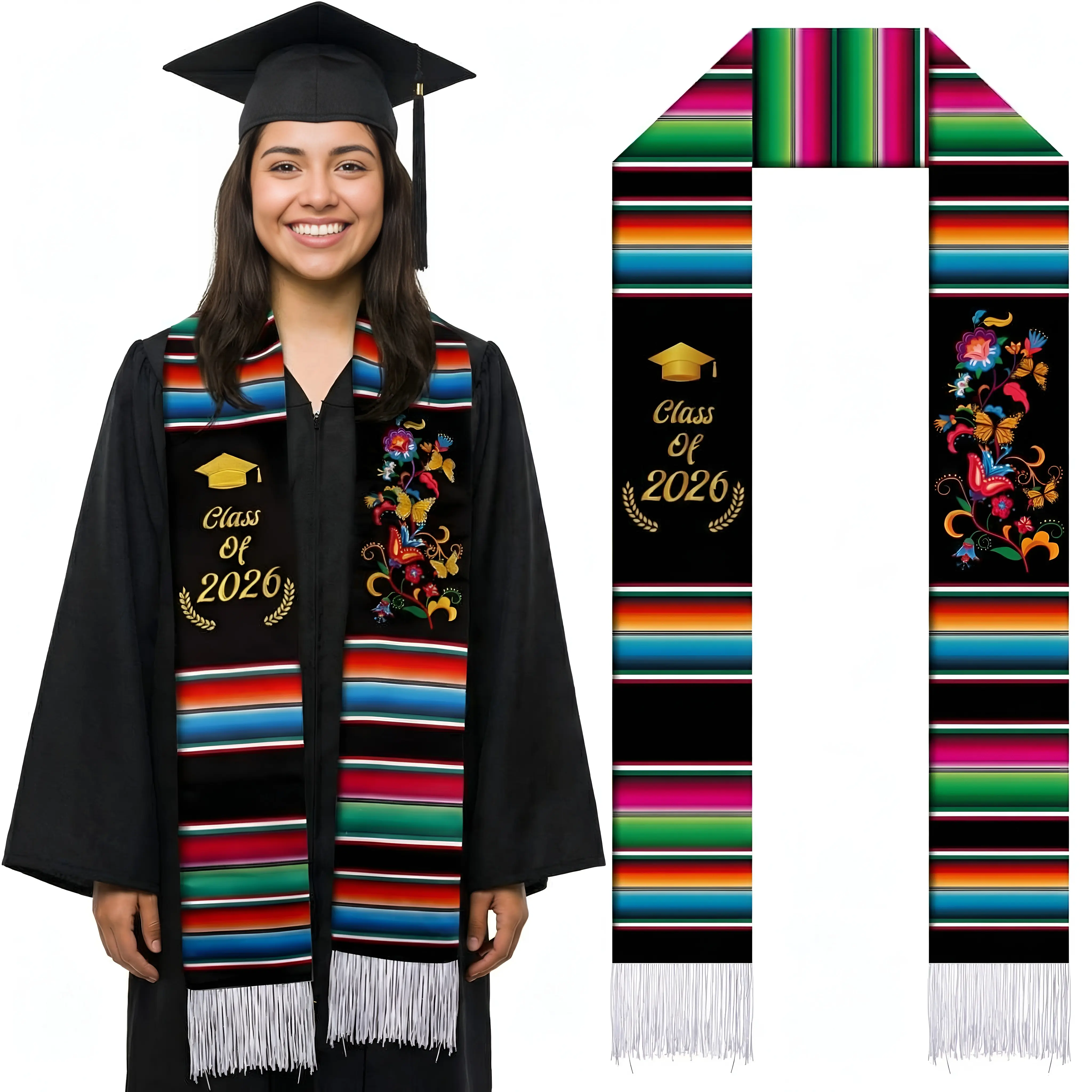 2026 Graduation Stole 72'' Serape Embroidery Graduation Sash Class of 2026 for Unisex Latino Hispanic Students Graduation Gift