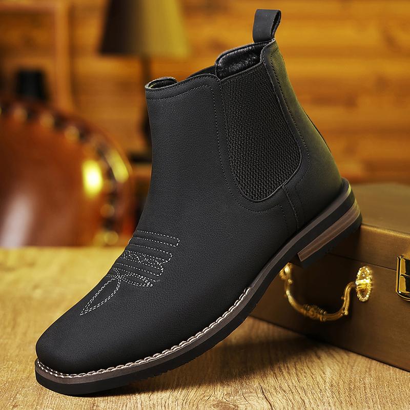 New Winter Men’s Western Cowboy Boots, Square Toe Chelsea Boots, Casual Retro Fashion Classic Comfortable Simple Khaki, Black, and Gray Trendy Men’s Shoes