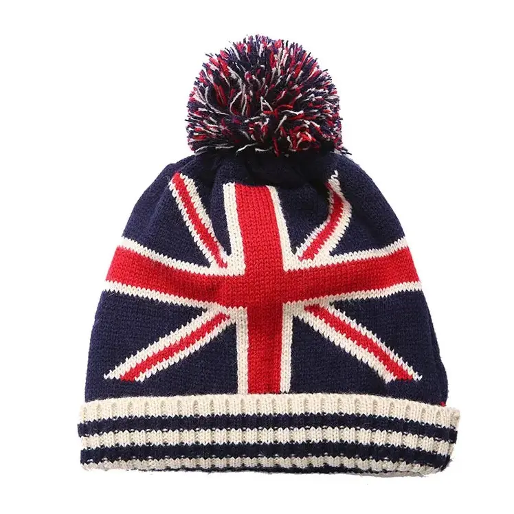 Union Jack British Flag Beanie - Cuffed Knit Winter Stocking Cap Hat, England, UK