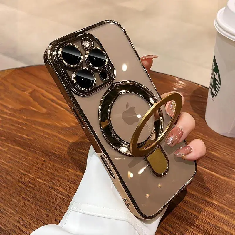 3-in-1 Metallic Electroplated Polycarbonate TPU Aesthetic Protective Phone Case for iPhone 16 Pro Max/15/14 Plus/13/12/11 Pro (6.9in) - Shockproof Cover with Invisible Stand, Camera Protector, Military-Grade Defense, Women’s Mobile Accessories