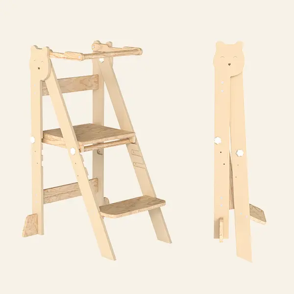FOOWIN Folding Step Stool for Kids - Pine Plywood Learning Tower Stools & Benches with 3 Adjustable Heights, Non-Slip Pads, Guard Rails, Suitable for 1.5-6 Year Olds, Montessori Style Stools & Benches