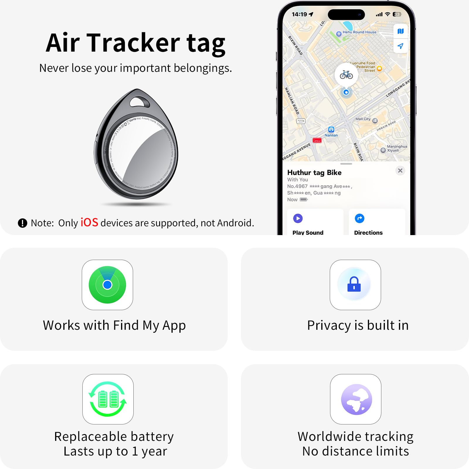 [Spring Deals] Tukio Tx01 GPS Tracker(iOS Only) for Cars & Pets -Mini Clear Design, Weatherproof Case, Anti-Lost Device, Works with Apple Find My (iOS Only), No Monthly Fees, IP67 Waterproof, Replaceable Battery Remote