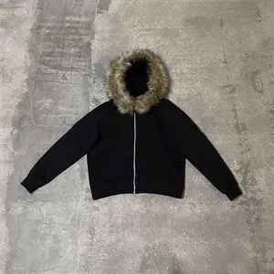 Y2K Zip up hoodie Faux Fur Collar Harajuku Rock Goth Top Retro Punk Loose Jacket Hip Hop Streetwear Zipper Hoodie sweatshirt EMO