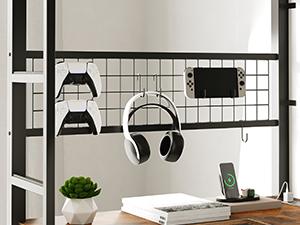 Twin Loft Bed with LED Lights, L-Shaped Desk & Built-in Charging Station, Metal Bunk Bed with Shelves, Guardrail for Teens, Adults, Space Saving, Black and Rustic Brown