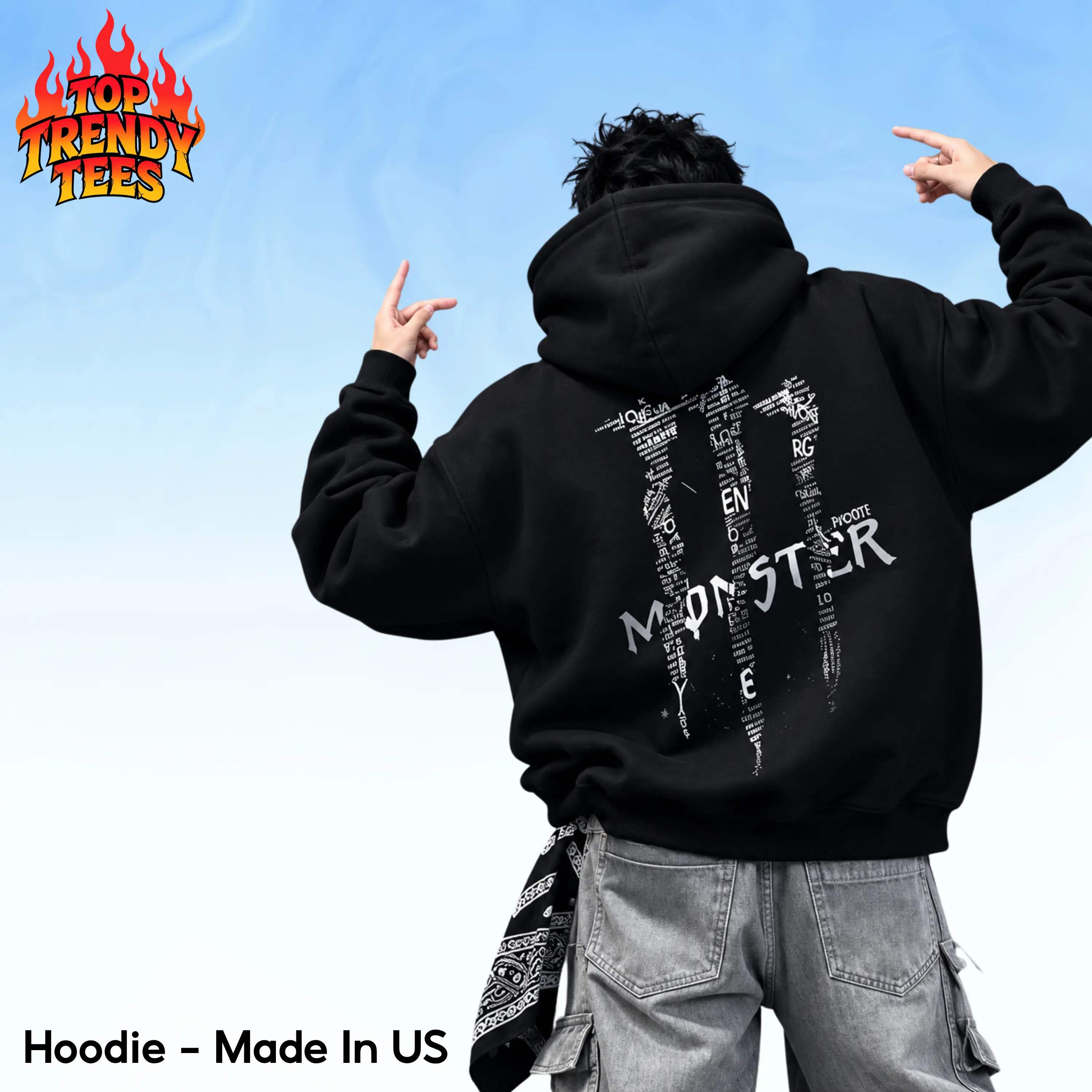 Monster Text Patchwork Graphic Hoodie | Heavyweight Fleece Streetwear Sweatshirt - Top Trendy Y2K Aesthetic Streetwear Oversized Sweatshirt Gift Merch