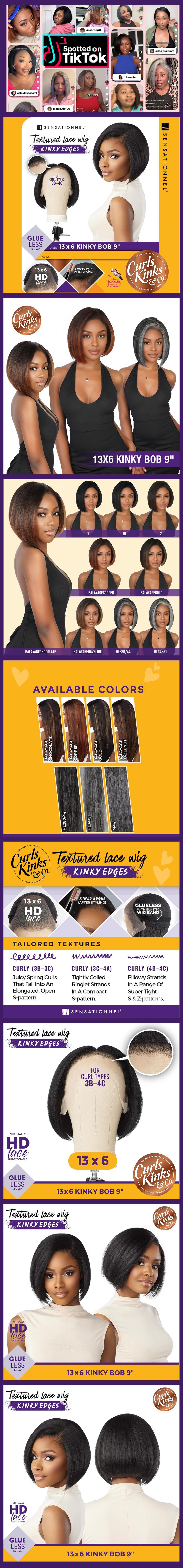 Sensationnel HD Lace Front Wig Curls Kinks N Co Glueless Kinky Edges 13X6 Kinky Bob 9"