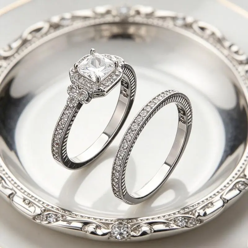 Halo Engagement Ring and Eternity Band Set, Elegant Bridal Jewelry for Wedding Party Daily Use