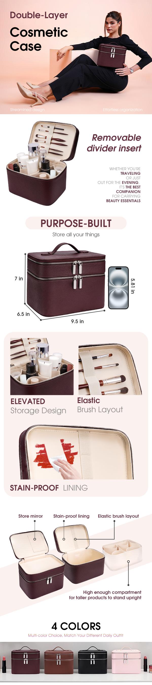 Vanity Case Burgundy Large Travel Makeup Bag Organizer with Removable Divider Zipper Cosmetic Bag Compact