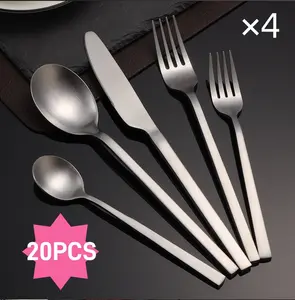 20pcs Matte Silverware Set Stainless Steel Flatware Modern Tableware Cutlery Includes Forks Spoons Knives Square Edge Dishwasher Safe for Dining