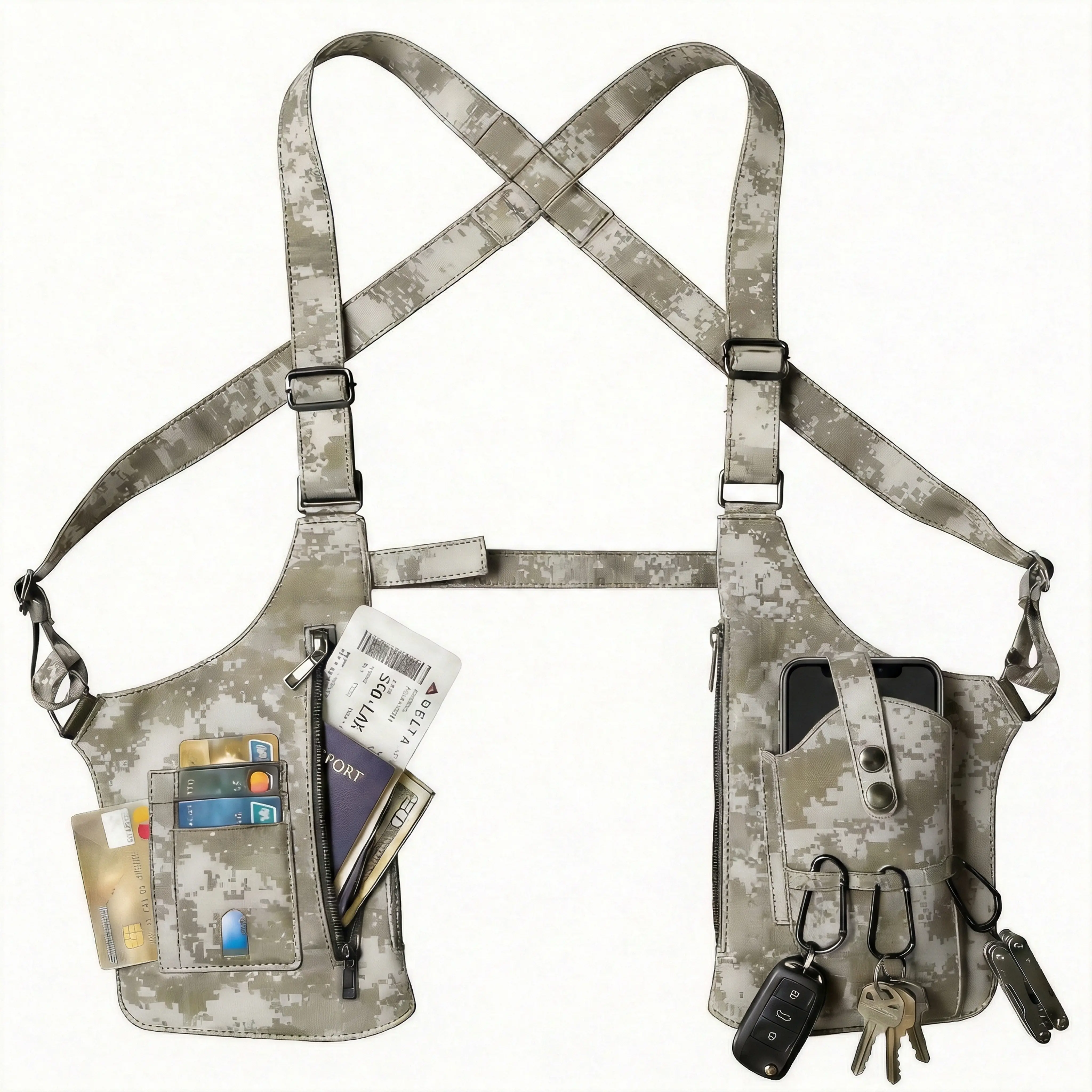 Men's Multifunctional Crossbody Bag, Premium Leather Underarm Holster Shoulder Bag with Multi-Compartment Pockets and Adjustable Chest Harness