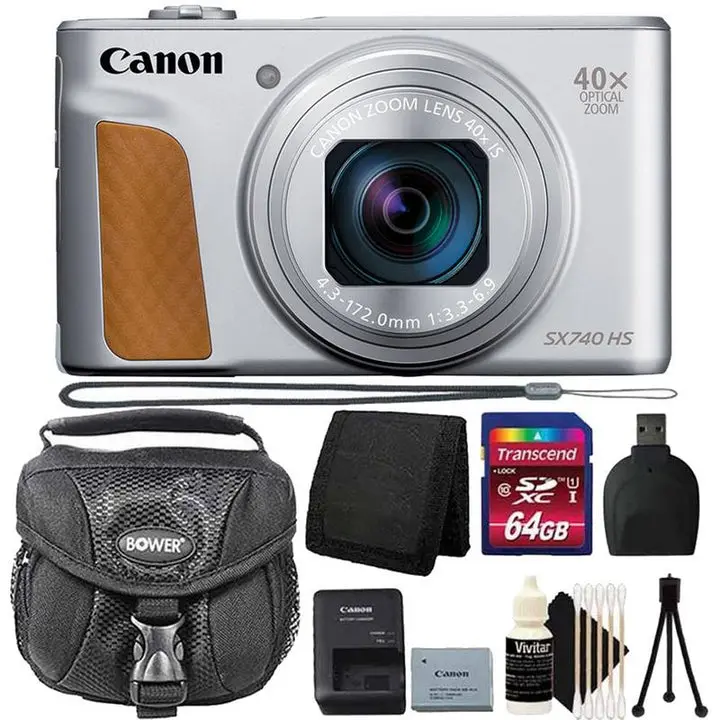 Canon PowerShot SX740 HS 20.3MP Stabilized Point & Shoot Digital Camera (Silver) - 64GB Memory Card, Top Accessory Kit, Wi-Fi, Mobile Apps Kit Bundle