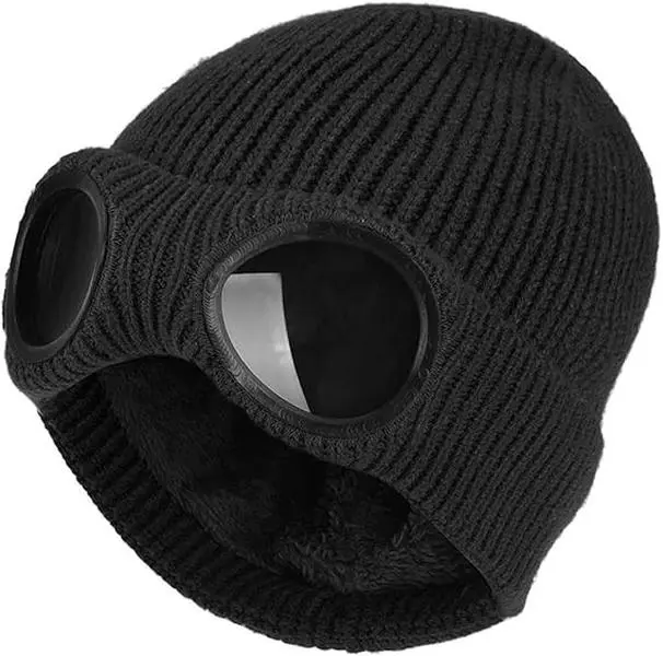 Unisex Knitted Goggles Beanie - Adjustable Stylish Warm Up Skull Element Headgear Thermal Insulating Hat, Winter Outdoor Sports Stretchy Fleece-Lined Cap, Adjustable Stylish Hat, Warm Up Hats