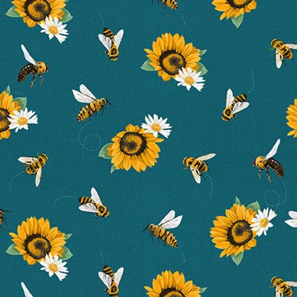 Fabric Blank Quilting Dark Teal Sunflowers and Bees by the Quarter Yard 3919-79