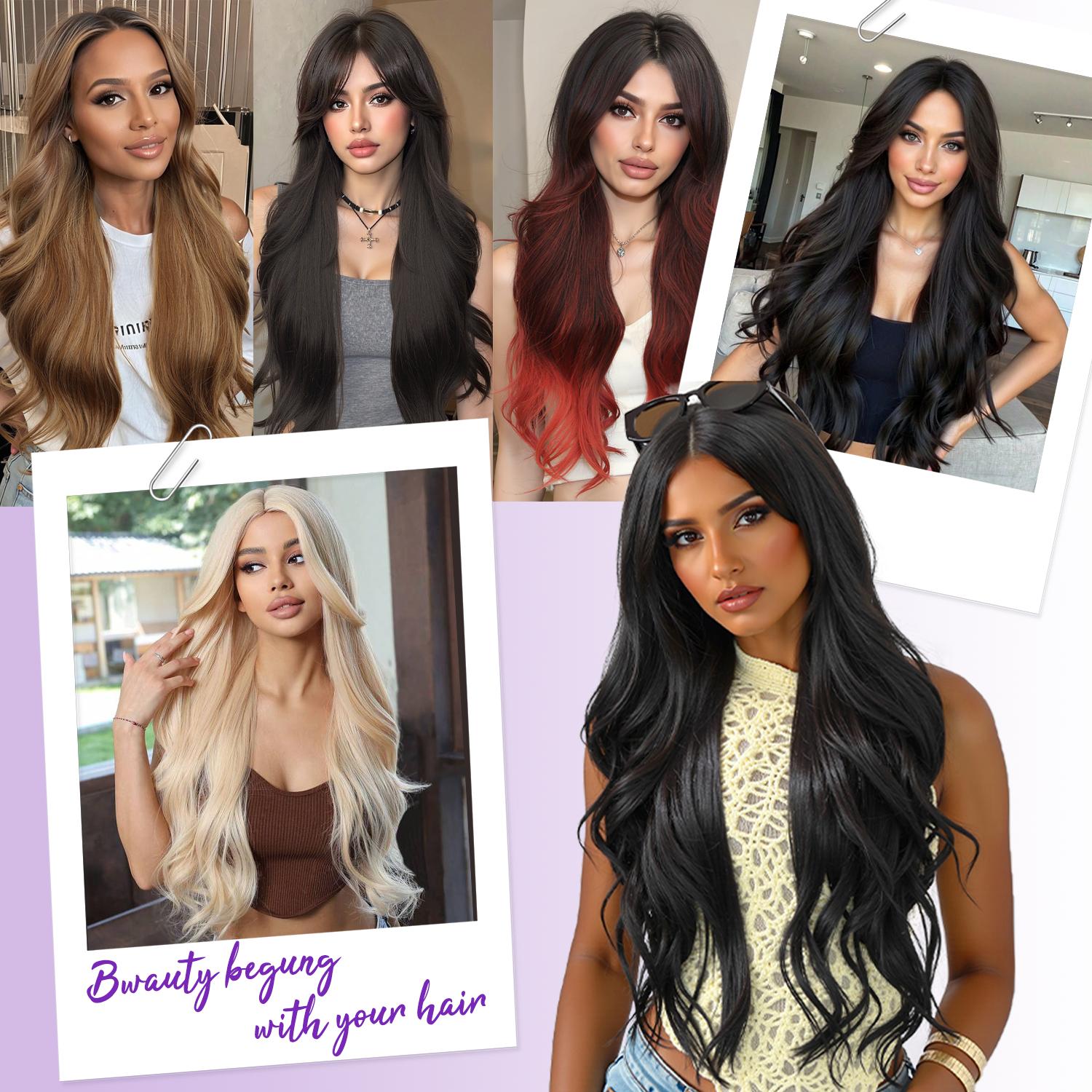 [ AISI HAIR ] Long Dark Brown Wig for Women 2x4 Realistic Scalp Free Parting Layered Heat Resistant Synthetic 28 inch for Daily Party Use