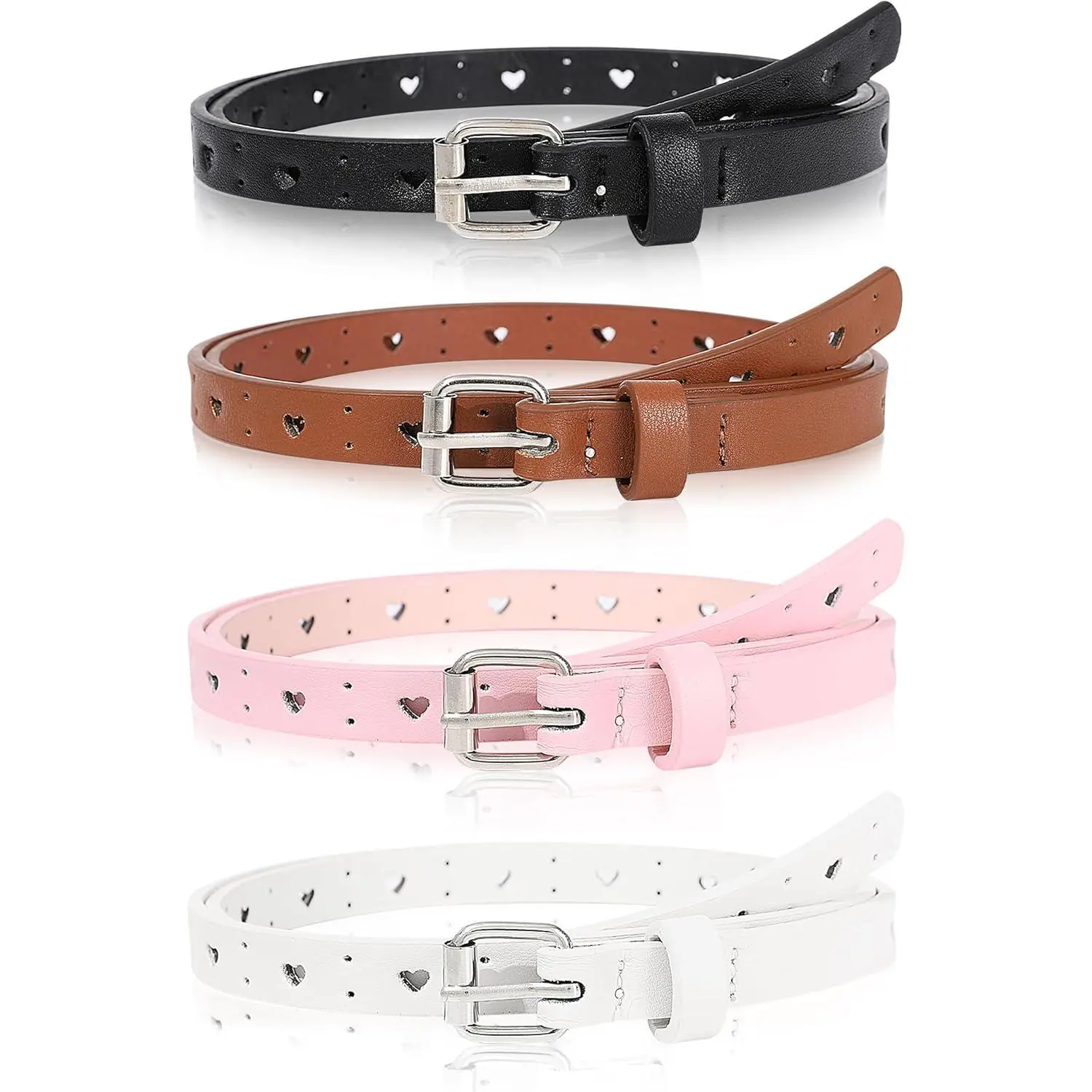 KF5-37    Kids Belt for Girls,4 Pcs Durable PU Leather Belt Metal Buckle Heart Circle Hole Youth Toddler Belt for Uniform Casual