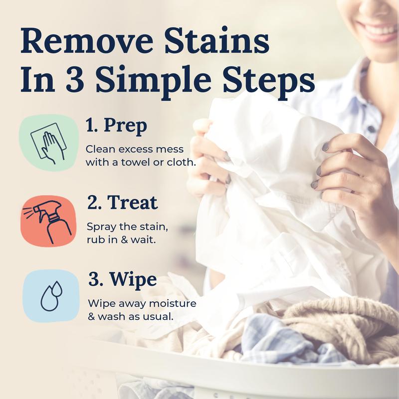 Stain Treater Spray - 4 oz. 2-pack Stain Remover Spray - Essential for Newborns and Babies - No dry cleaning of food, grease, coffee stains on clothing, underwear, fabrics Laundry Detergent Sheets Various Laundry Needs Infant Milk Toddlers Skin