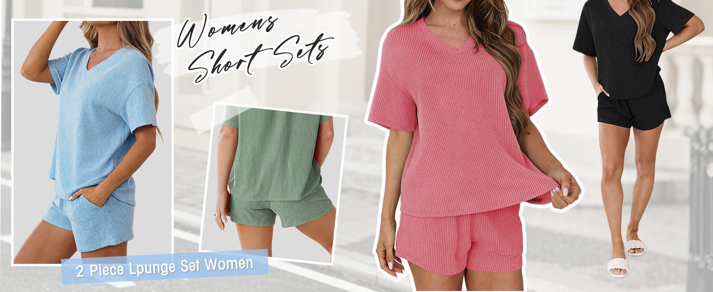 Women’s Ribbed 2 Piece Lounge Set, Short Sleeve Top and Shorts Matching Set for Casual Summer Outfits Women’s Ribbed 2 Piece Lounge Set, Short Sleeve Top and Shorts Matching Set for Casual Summer Outfits