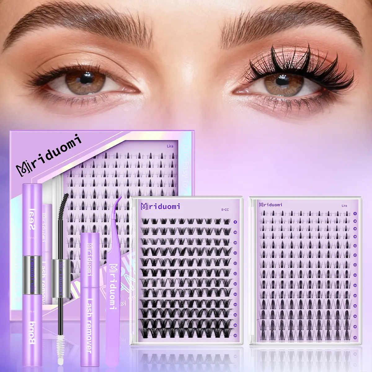 Miriduomi DIY Nature False Eyelashes & Adhesives Kit - Soft Fluffy Long-Lasting Clusters with Glue, Remover & Tweezer for Beginner Adults, Easy At-Home Eyelash Extensions, Cosmetic Beauty Product