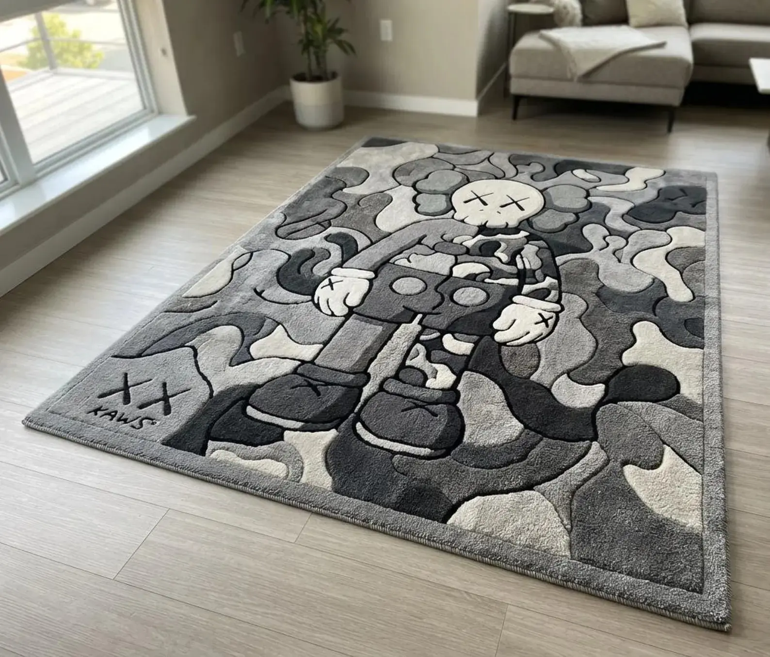 Grey KAWS Inspired  Rug, Pop Art Carpet, Hypebeast Decor, High Low Pile