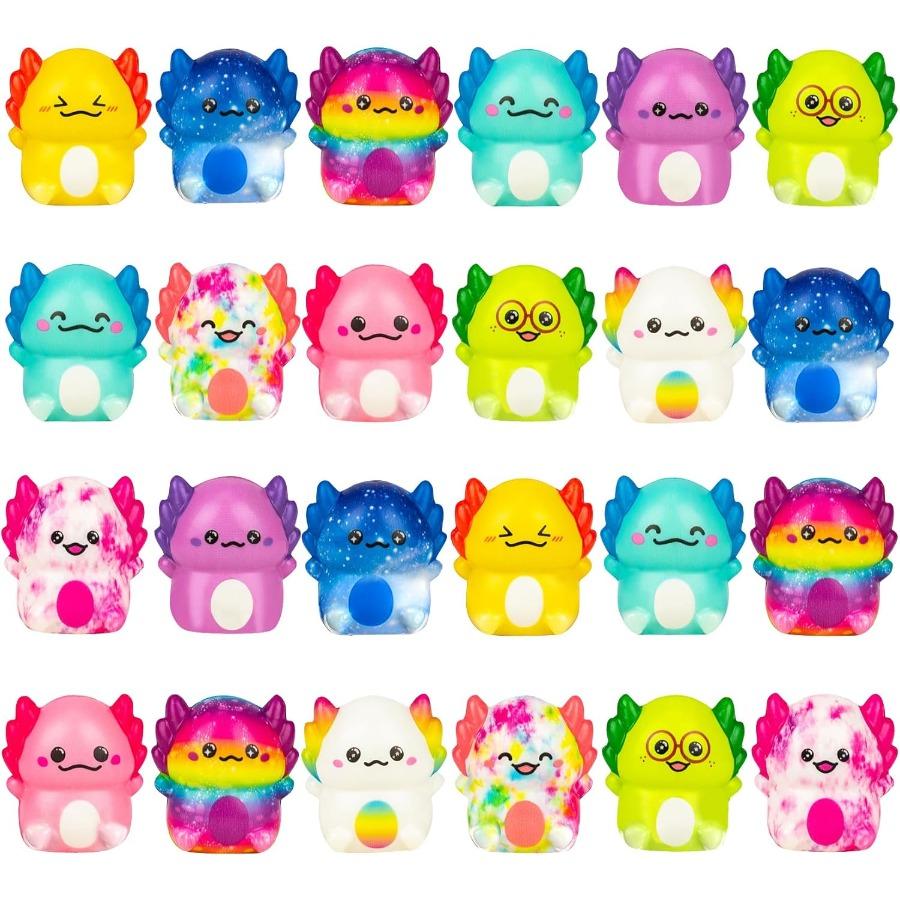 12-pack of slow-rising Mexican axolotl toys in assorted colors.Soft, stress-relieving, and silent-perfect as party favors, novelty prizes, or pocket-sized fidget toys for both kids and adults.