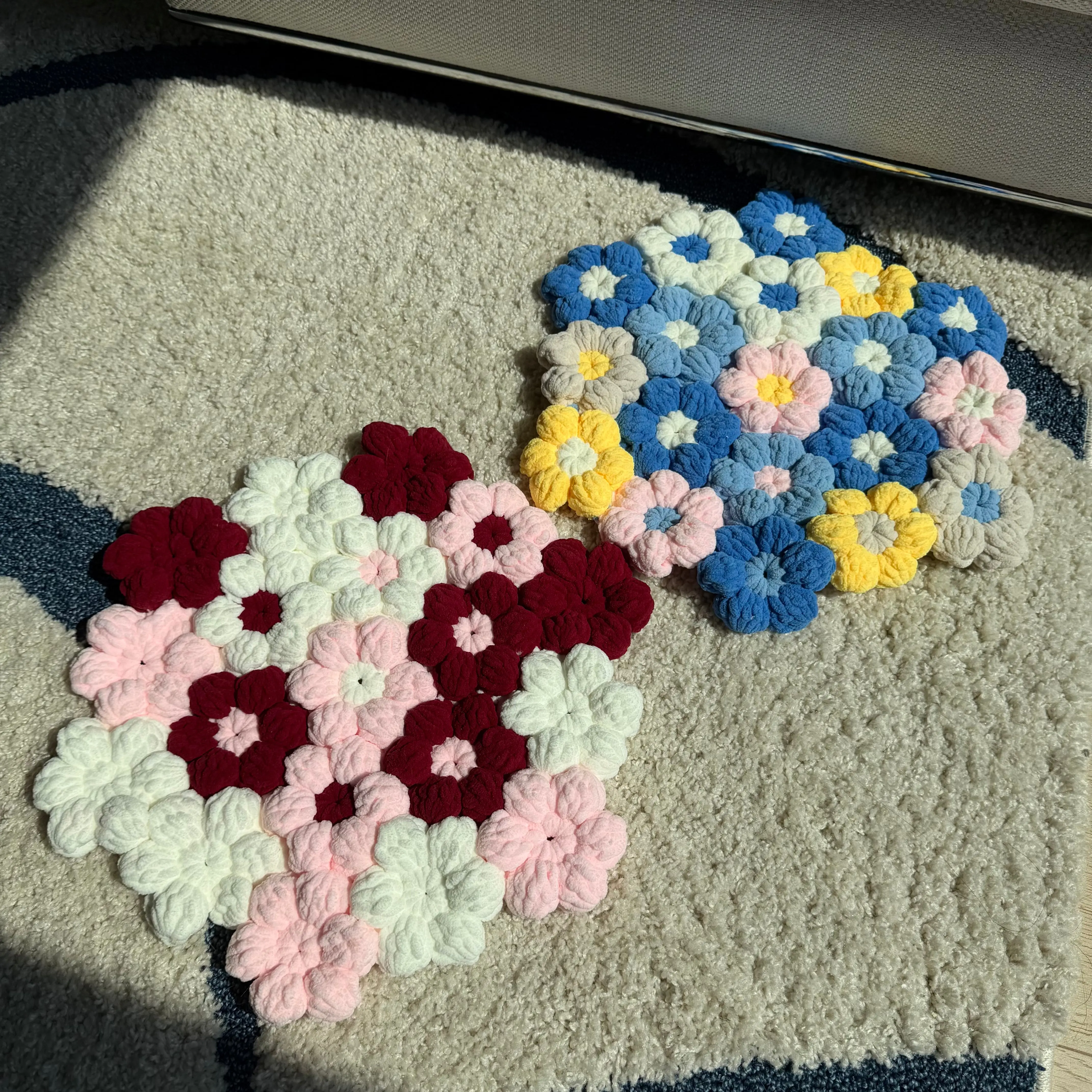 Handmade Chunky Crocheted Yarn Flower Motif Rug, Whimsical Home Decor for Room & House Decor