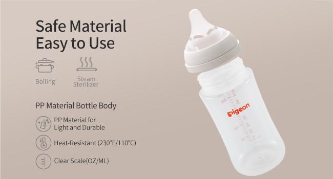 Pigeon PP Nursing Bottle Wide Neck, Anti-Colic, Streamlined Body, Natural Feel, Easy to Clean, 8.1Oz(Pack of 4), Includes 4pcs M Nipples (3m+) baby registry essential