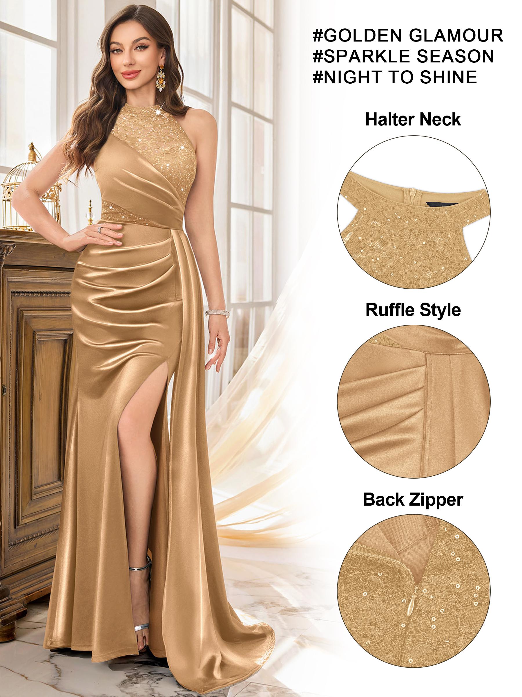 MIUSOL 55630A Women's Elegant Halter Sequin Lace Satin Maxi Dress High Split Ruched Bodycon Evening Party Formal Gown Spring Dresses