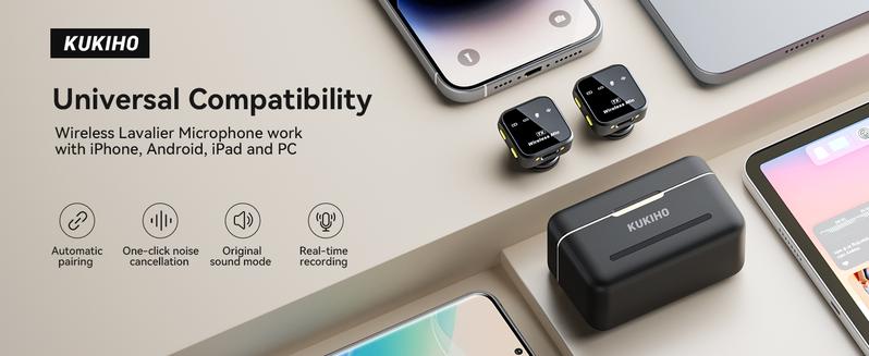 KUKIHO Wireless Lavalier Microphone for iPhone iPad Android With Charging Case Audio Smartphone