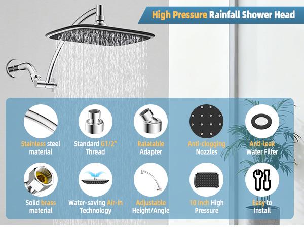 Hibbent Rain Shower Head with 12" Shower Head Extension Arm, 10" High Pressure Boosting Rainfall/Fixed Showerhead 2.5 GPM, Metal Shower Head Extender Adjustable Height Angle, Easy 1-Min Installation, Chrome