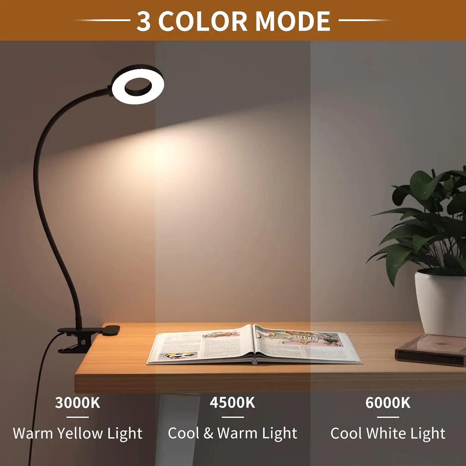 Black 15.8in LED Clamp Desk Lamp - 3 Color Modes, 10 Brightness Levels, Silicone Flexible Arm - Kids' Bedtime Reading Light for Table, Headboard, Dorm (Home Supplies Party Gift)