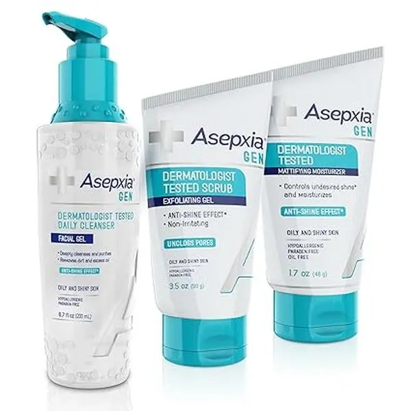Asepxia GEN 3-Piece Salicylic Acid Skincare Set - Hydrating, Mattifying Cleansing Pack with Moisturizer for Oily & Combination Skin, Smoothing Formula