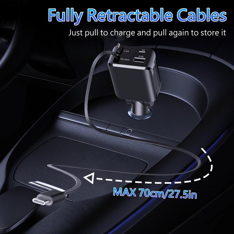 Powerful 4-in-1 Car Charger | 60W USB-C Fast Charge with Retractable Lightning Cable & Dual Ports for iPhone, Samsung & More