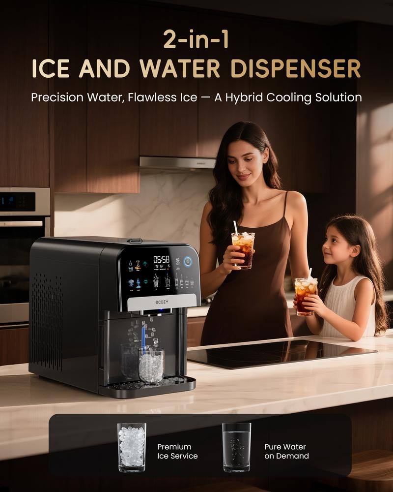 [Upgraded Smart Version] ecozy Nugget Ice Maker Dispenser, Ultra-quiet Smart 2-in-1 Pebble Ice Machine Countertop & Water Dispenser with App Control, Easy Self-Cleaning, Auto Lighting, TDS Monitor, Measured Dispensing, Christmas Gift, Holiday Gift