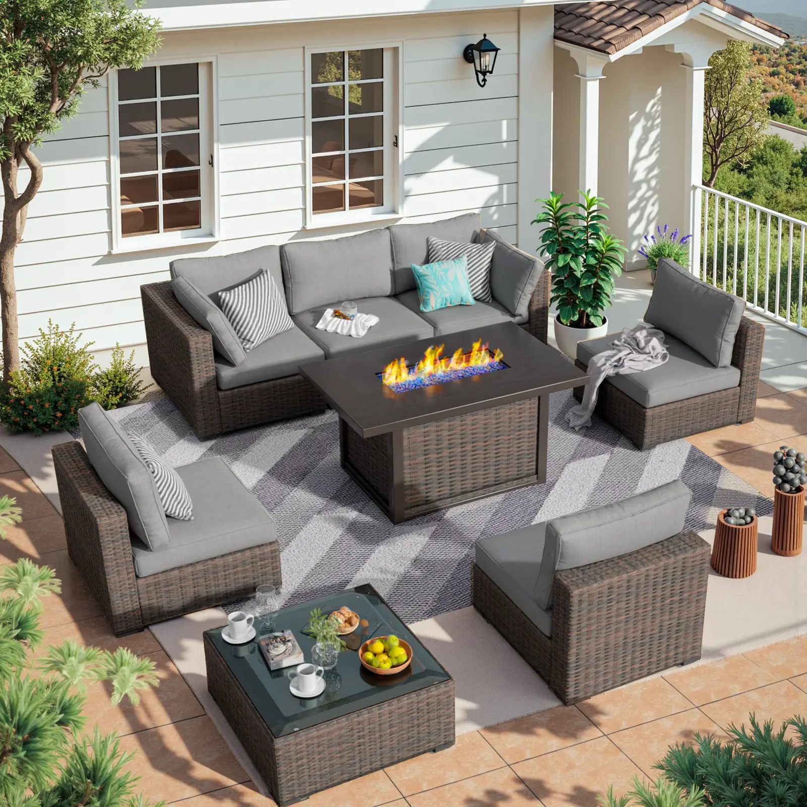 Gaptainer 8-Piece Outdoor Furniture Set, All-Weather PE Rattan Conversation Set with Fire Pit Table, No-Slip Cushions & Glass Top Sectional Sofa Couch for Garden, Backyard, Rattan Conversation Sets,summerwins homeessentials Outdoor Dining Set